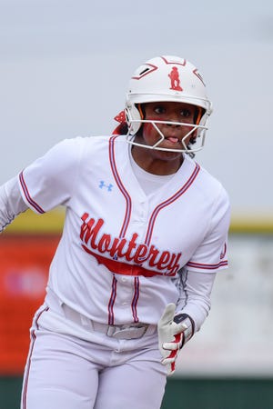 Alexis Lusk, pictured in a game earlier this season, doubled, tripled, homered and drove in three runs Saturday as Monterey beat El Paso Jefferson 11-1 to win the Class 5A area-round softball series in two games.