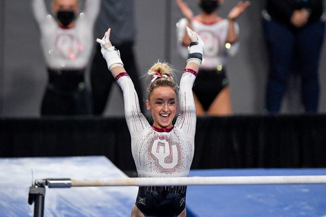 OU gymnast Audrey Davis celebrates during the NCAA semifinals Friday night at Dickies Arena in Fort Worth, Texas.