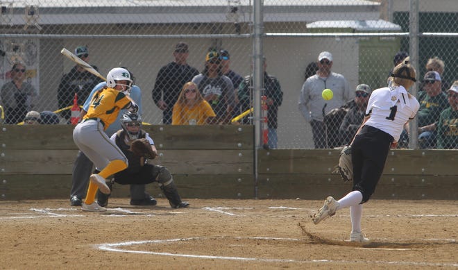 C.M. Russell shortstop Lauren Lindseth watches a pitch from Morgan Stoppel of Billings West come toward the plate in the first inning Saturday at MultiSports.