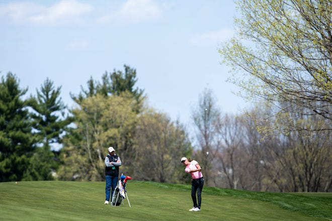 Kansas' Harry Hillier hits a shot from the fairway during the Hawkeye Invitational NCAA men's golf tournament, Sunday, April 18, 2021, at Finkbine Golf Course in Iowa City, Iowa.