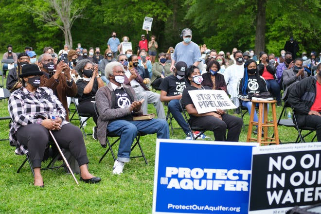 The audience welcomes the words of Rev. Dr. William J. Barber II during a rally against the Byhalia Connection pipeline in Memphis on Sunday, April 18, 2021.
