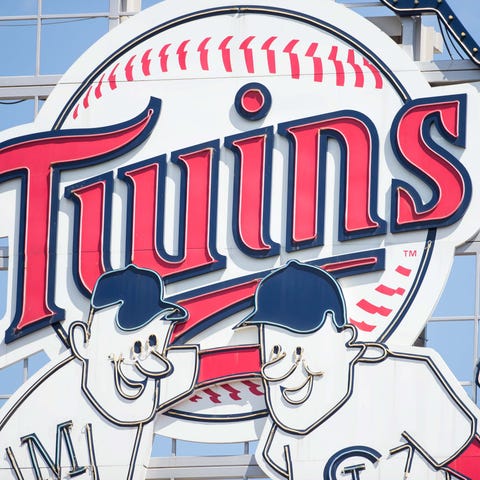 The Minnesota Twins logo in center field during a 