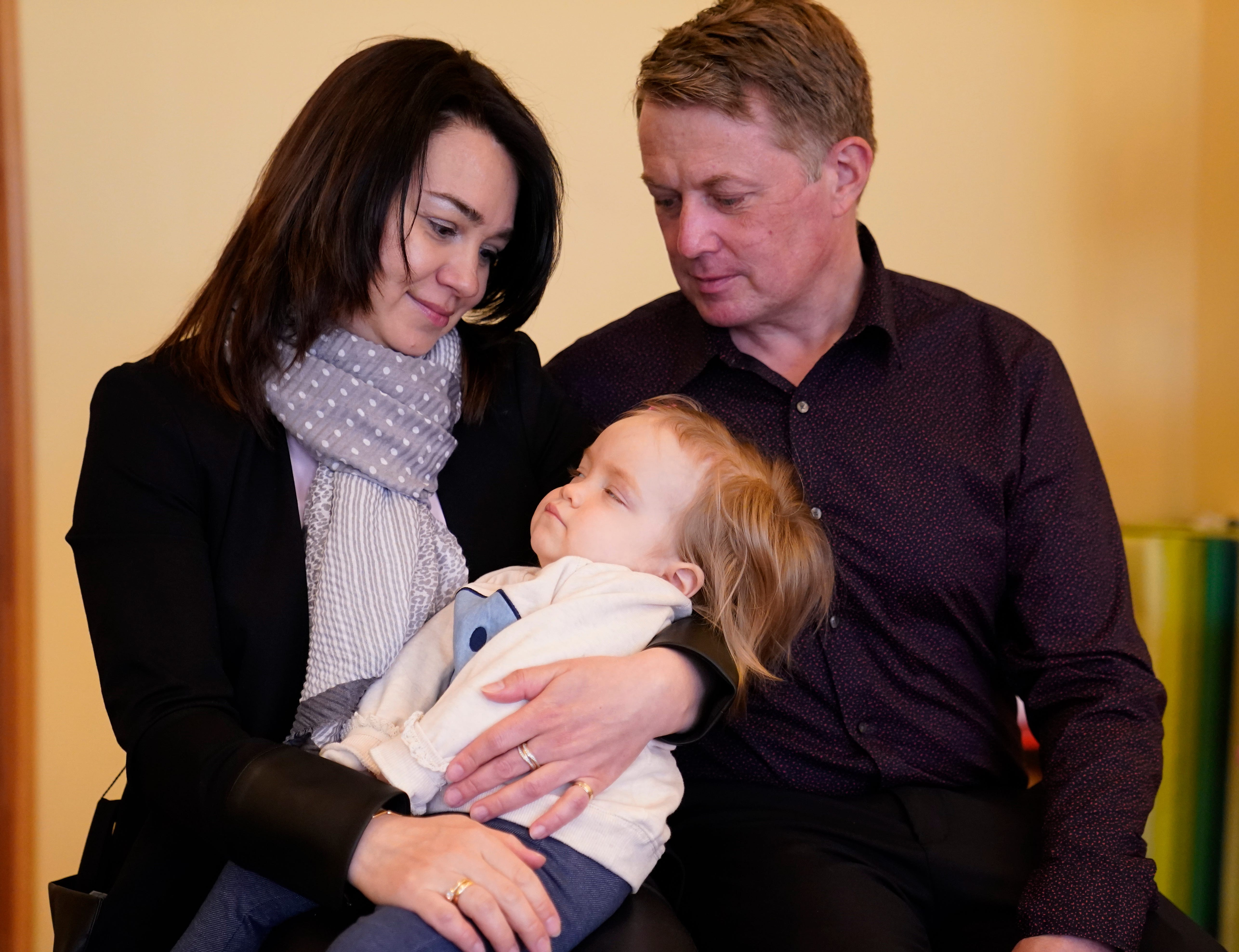 Parents of 16-month-old Alissa Rokina Feldborg, Daria Rokina and Thomas Feldborg on April 13, 2021 in Arlington, Mass.