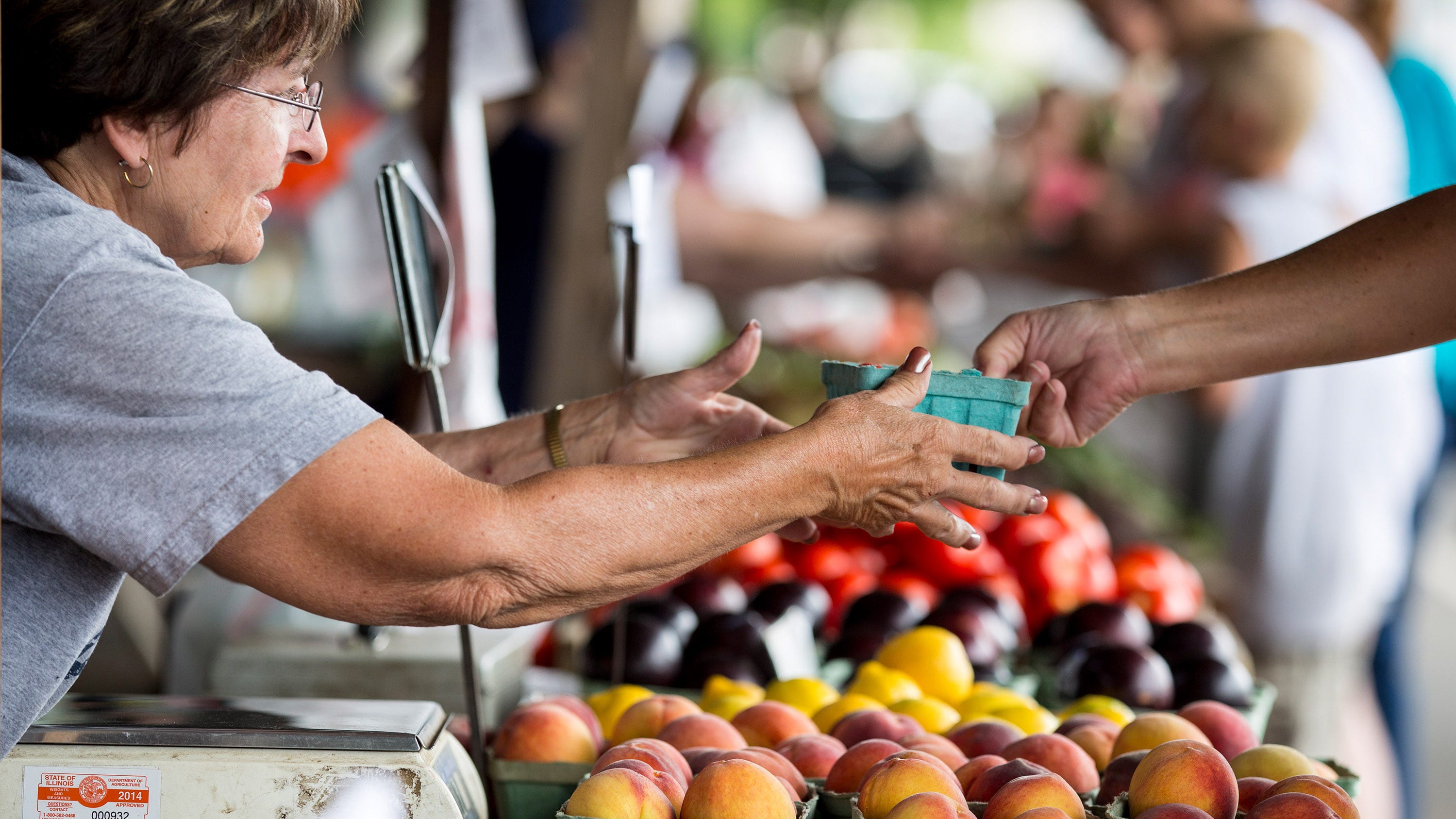 In this 2014 file photo. Joann Hosbrough helps a customer at the Crump Family Gardens booth at the Peoria Farmers Market at Metro Centre.