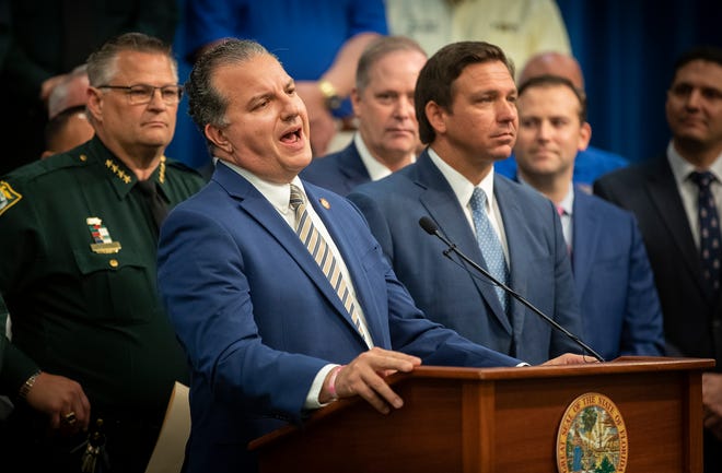 Florida CFO Jimmy Patronis addresses the media after Florida Governor Ron Desantis signed a bill Combating Public Disorder during a signing ceremony at the Polk County SheriffÕs Operation Center in Winter Haven Fl. Monday April 19 2021. ERNST PETERS/ THE LEDGER