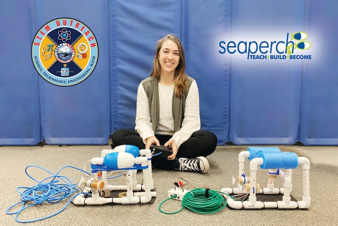 Angela Hampson with the SeaPerch ROV she built at the PNS Summer Youth Program in 2010, right, and the ROV she built while attending a SeaPerch build at a Train-the-Trainer event, left, hosted by the STEM Outreach Program in Kittery, Maine on Jan. 21, 2021.