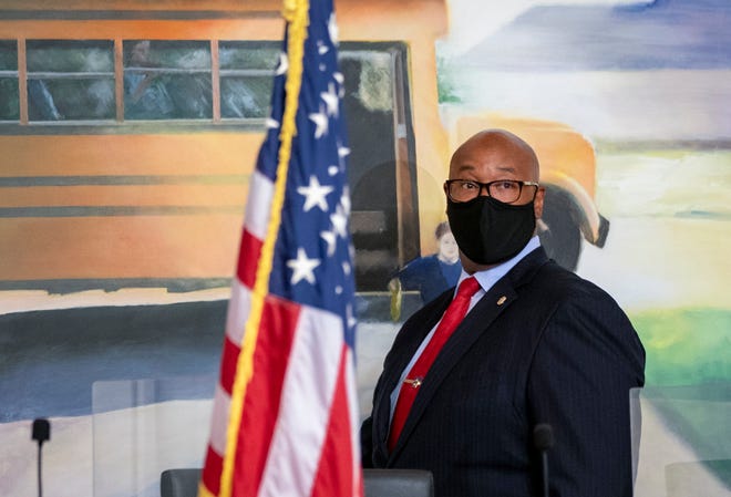 Palm Beach County Schools Superintendent Donald Fennoy arrives at a press conference at district headquarters in West Palm Beach, Florida on April 15, 2021. GREG LOVETT/PALM BEACH POST