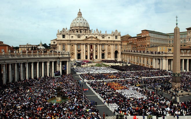 Thousands of people attend the installment Mass of Pope Benedict XVI in St. Peter's Square on April 24, 2005, at the Vatican. 