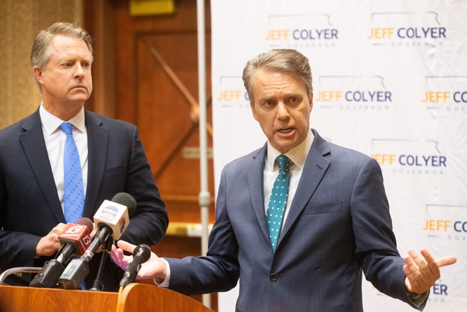 Former Gov. Jeff Colyer, right, answers questions with U.S. Sen. Roger Marshall on Monday at the Capitol Plaza Hotel, 1717 S.W. Topeka Blvd.