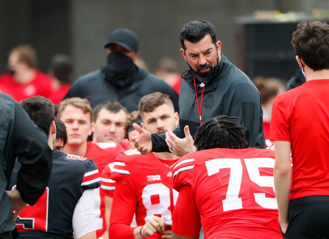 Head Coach Ryan Day addresses his team following the Ohio State football Spring Game at Ohio Stadium in Columbus on Saturday, April 17, 2021.