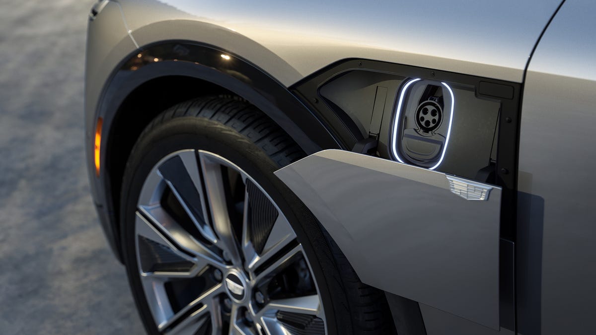 The 2023 all-electric Cadillac Lyriq SUV charging port.