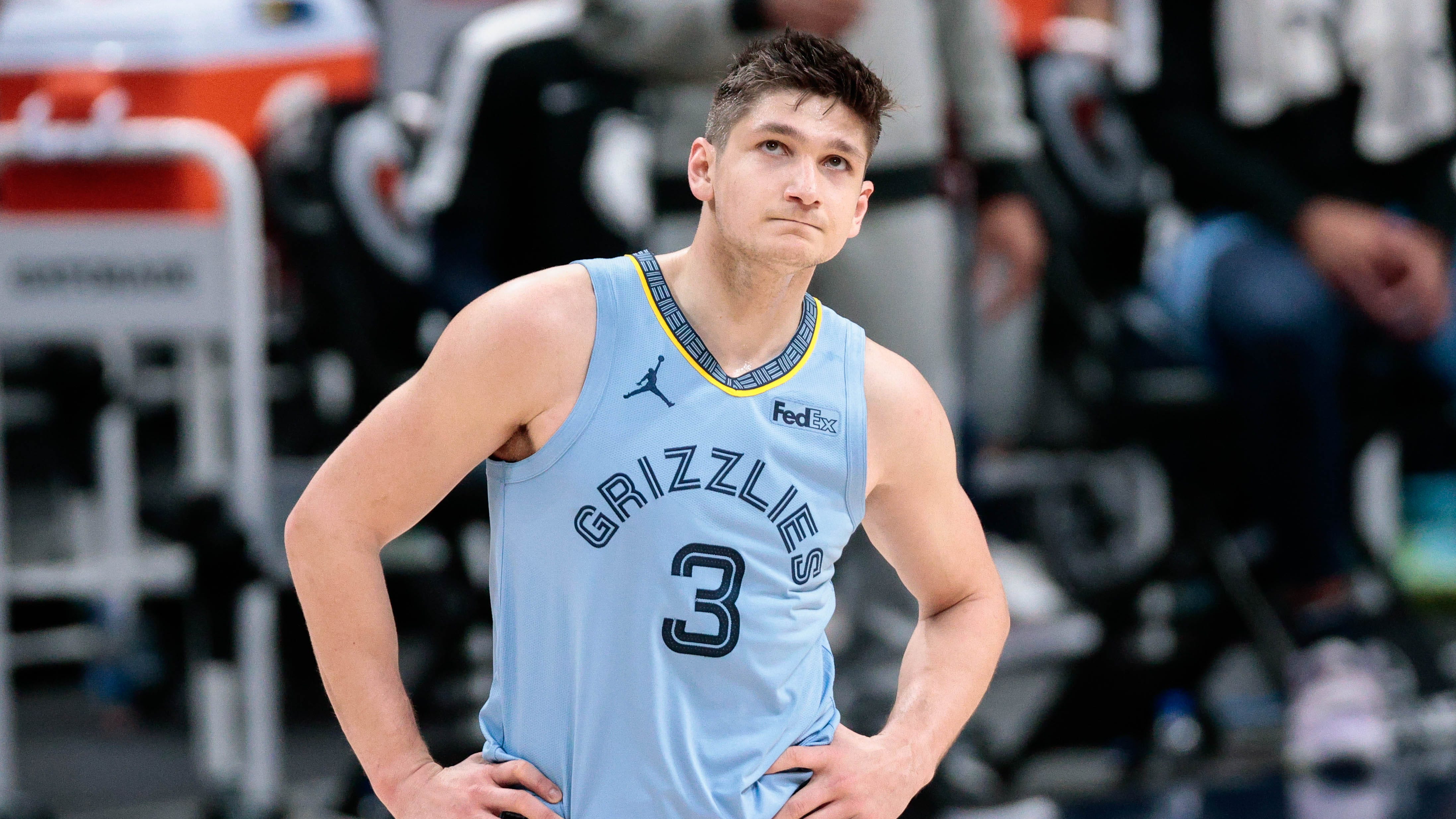 Memphis Grizzlies guard Grayson Allen (3) reacts after receiving a technical foul in the second quarter against the Denver Nuggets on Monday, April 19, 2021, at Ball Arena.