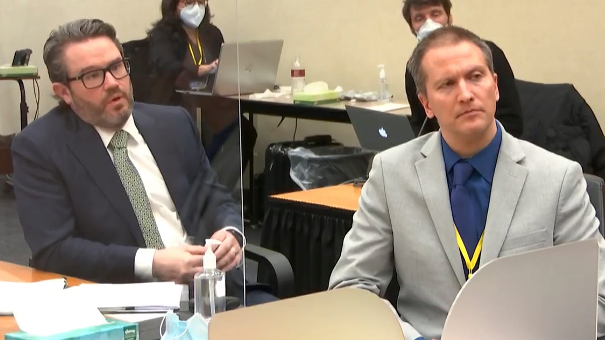 In this image from video, defense attorney Eric Nelson, left, and defendant, former Minneapolis police officer Derek Chauvin, speak to Hennepin County Judge Peter Cahill after the judge has put the trial into the hands of the jury. Monday, April 19, 2021, in the trial of Chauvin, in the May 25, 2020, death of George Floyd at the Hennepin County Courthouse in Minneapolis, Minn.