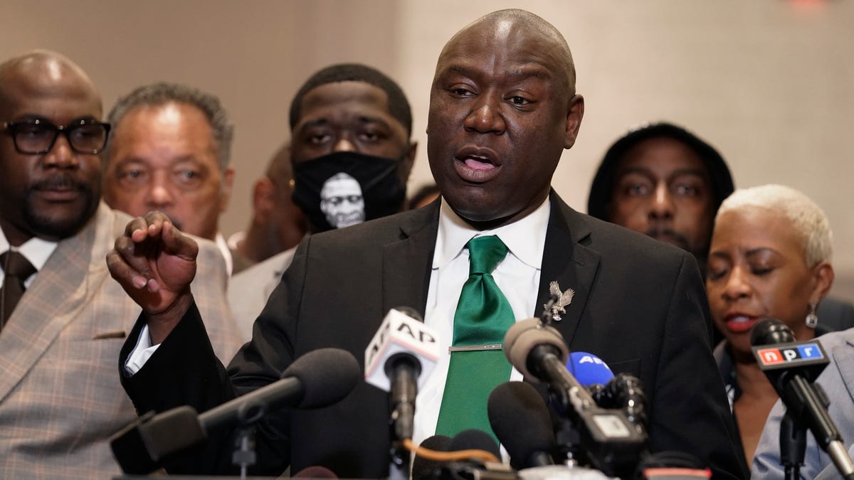 Attorney Ben Crump speaks during a news conference after the verdict was read in the trial of former Minneapolis Police Officer Derek Chauvin, Tuesday, April 20, 2021, in Minneapolis. (AP Photo/John Minchillo)