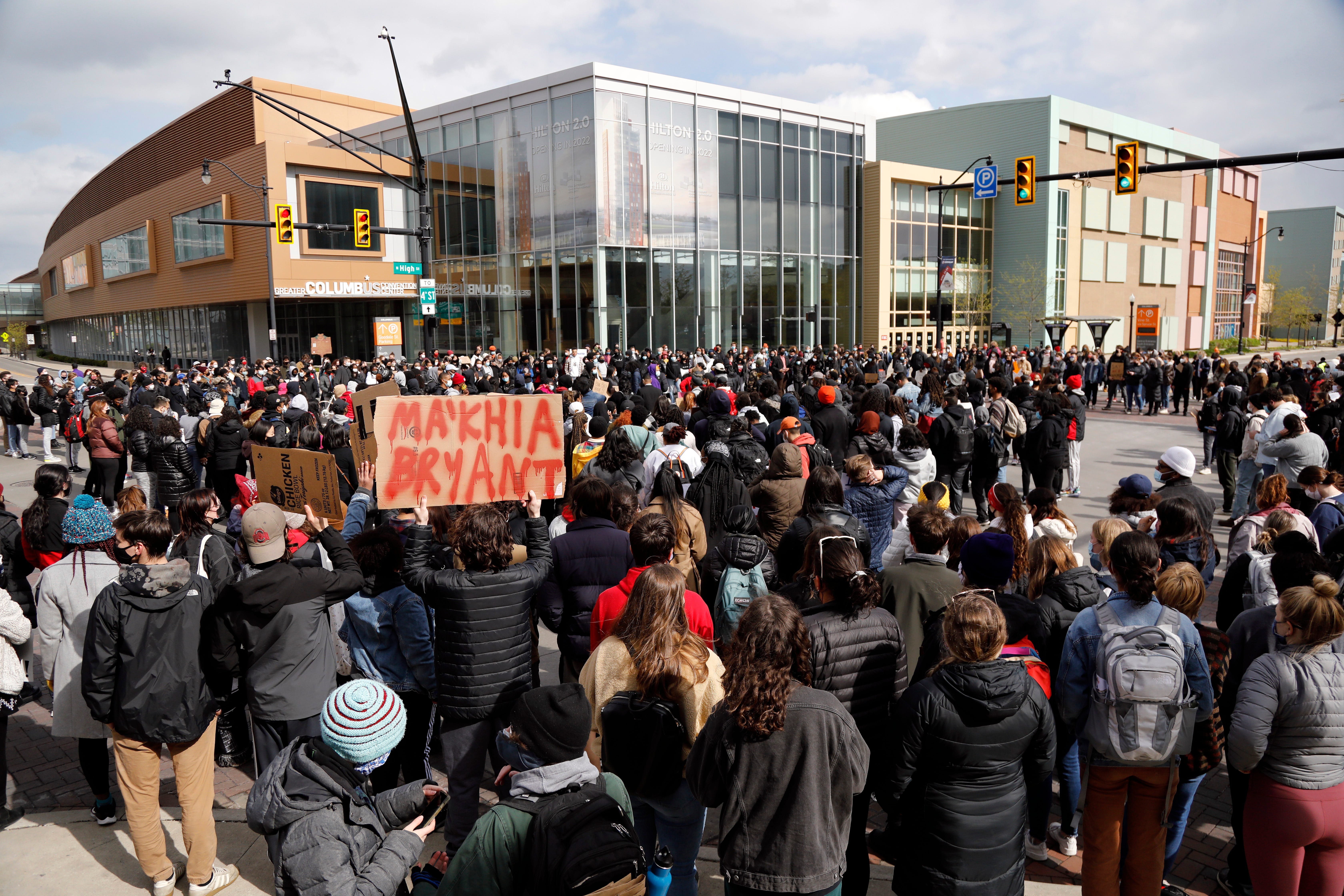 Ohio State students march down High Street toward the Ohio Statehouse to protest the police shooting that killed Ma'Khia Bryant in April.