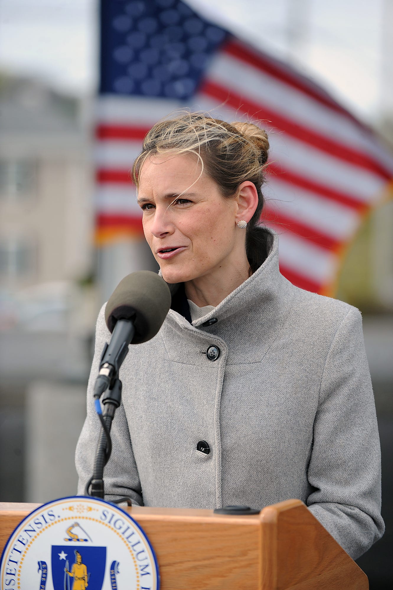 Massachusetts Secretary of Energy and Environmental Affairs Kathleen Theoharide speaks at a Framingham Earth Day celebration on April 22, 2021. She said the state is leading the way in the U.S. with offshore wind job training programs.