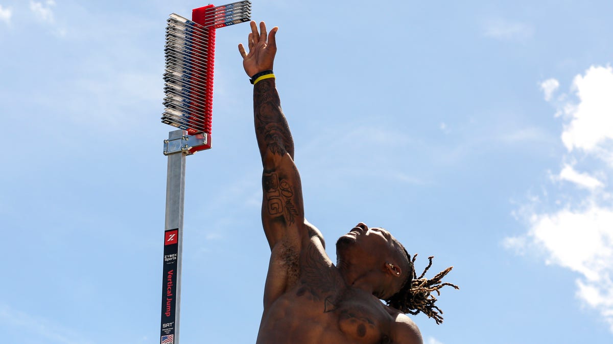 Mar 5, 2021; Fort Lauderdale, Florida, USA; Iowa Hawkeyes wide receiver Brandon Smith attempts a vertical jump at the House of Athlete Scouting Combine for athletes preparing to enter the 2021 NFL draft at Inter Miami Stadium. Mandatory Credit: Sam Navarro-USA TODAY Sports