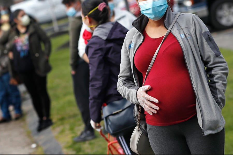 A pregnant woman is pictured wearing a face mask and gloves as she waits in line for groceries during a food drive at St. Mary's Church in Waltham, Massachusetts.