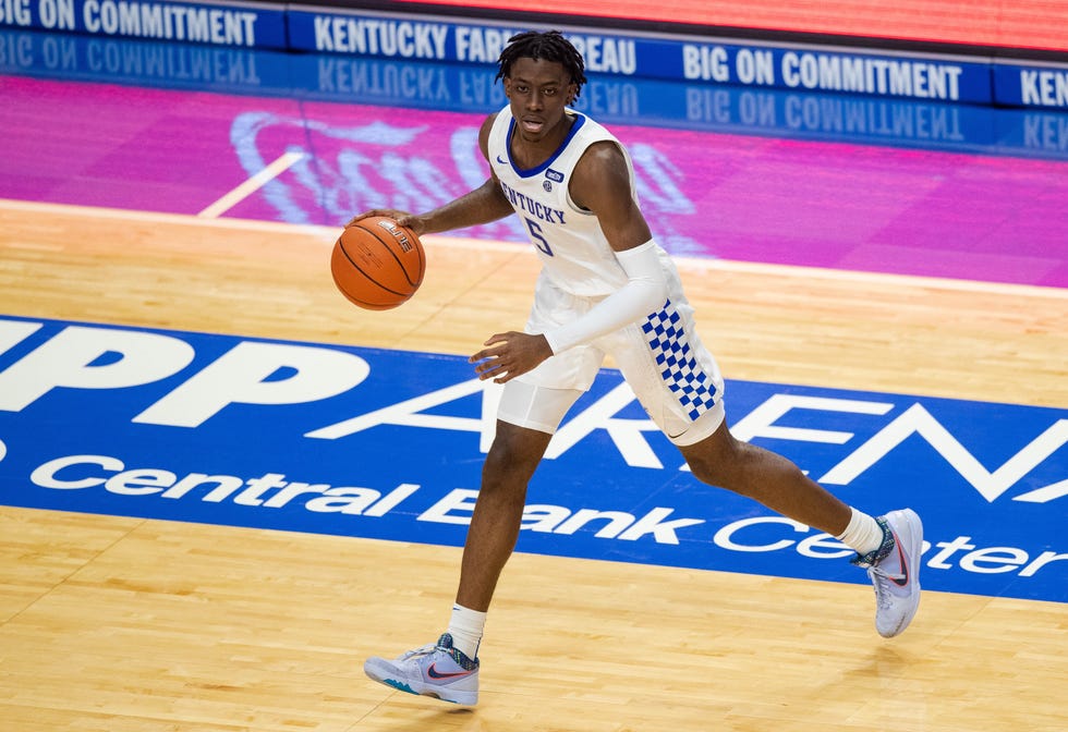 Nov 25, 2020; Lexington, Kentucky, USA; Kentucky Wildcats guard Terrence Clarke (5) dribbles the ball in the second half against Morehead State at Rupp Arena at Central Bank Center.