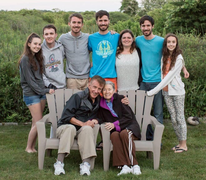 Ed and Janet Kaizer pose for a family portrait with their grandchildren while visiting Ed’s brother in Nantucket.