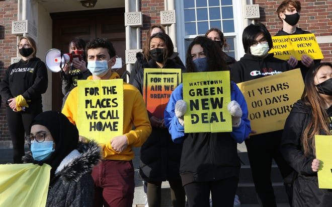 Members of Sunrise Movement, Watertown, MA gathered on the steps of Watertown Town Hall, April 22, 2021, to urge town officials to work with them on climate change.