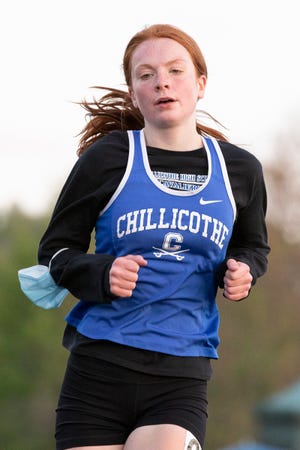 Chillicothe’s Katherine McCallum ran in the girls 3200 mm race at the Cavalier Track Invitational on April 22, 2021. The Chillicothe girls team took first place overall with 112 points.