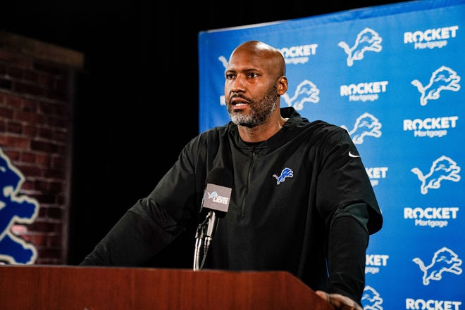 Lions general manager Brad Holmes speaks to the media on Friday, April 23, 2021, in Allen Park