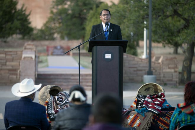 Navajo President Jonathan Nez speaks at Window Rock Navajo Tribal Park & Veterans Memorial during a visit with Dr. Jill Biden on April 22, 2021.