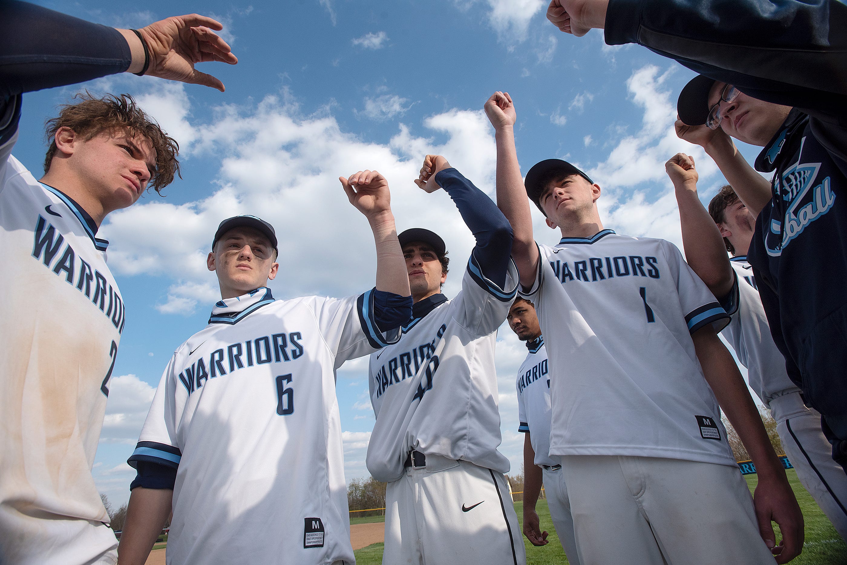 Antonio Dinello (center) with his teammates at the end of a game against Shenango High School on Friday, April 23, 2021 at Central Valley High School.