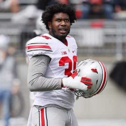 Ohio State linebacker K'Vaughan Pope warms up for 