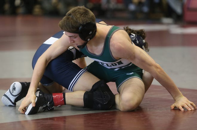 Evan Mougalian of Kinnelon won by a pin over Jack Zaleski of Middletown South to win the 120 lb. semi final of the NJISSA Wrestling Championships at Phillipsburg, NJ on April 24, 2021.