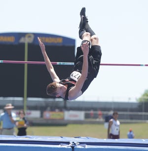 Robert Lee High School's Noah Escamilla competes in the boys high jump at the Region II-1A Track and Field Championships Saturday, April 24, 2021, at Angelo State University.