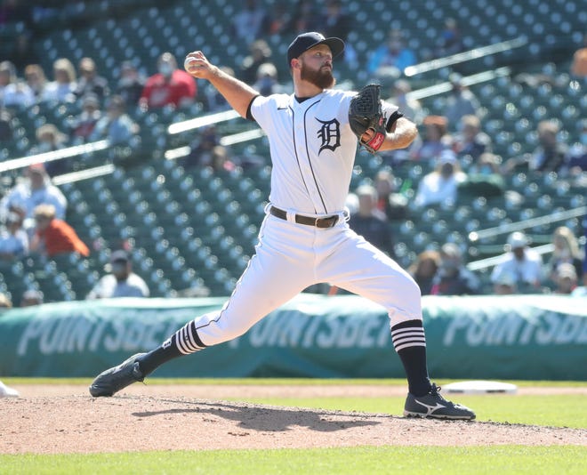 Tigers pitcher Buck Farmer throws during the 4-0 loss to the Royals on Sunday, April 25, 2021, at Comerica Park.