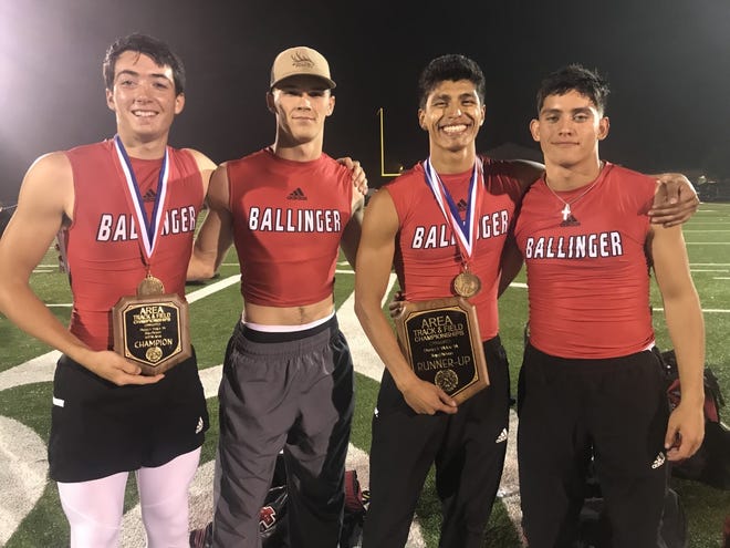 Ballinger High School's Landen Landers, left to right, Weston Rollwitz, JoeMarcus Guerrero and Gavin Martinez will compete the UIL State Track Meet after winning first in the 4x400-meter relay at the Region I-3A meet April 24, 2021, in Abilene.