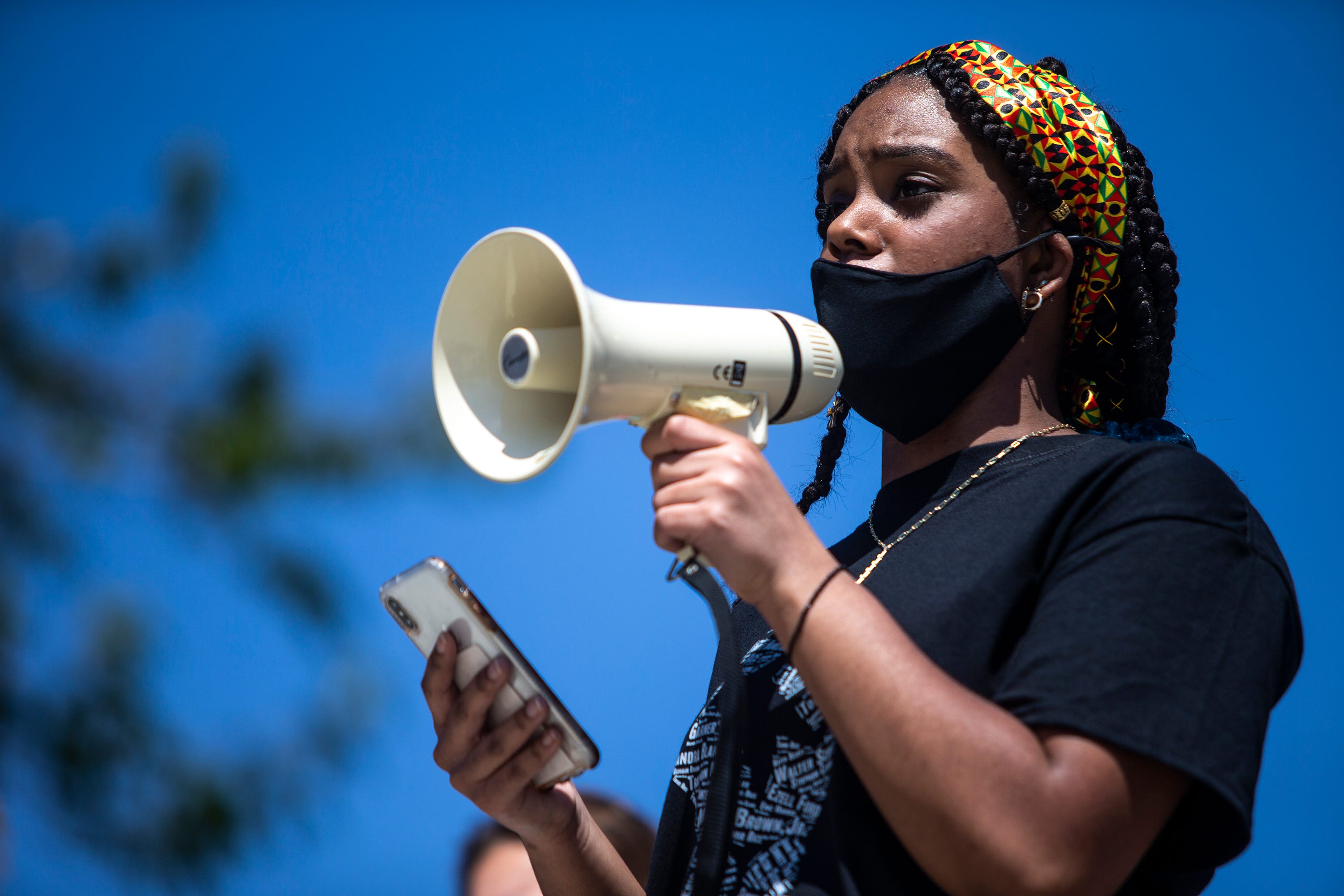 Lyric Sellers, a student at East High School, speaking against House File 813 and House File 802, on Monday, April 26, 2021, outside of the Iowa State Capitol, in Des Moines.