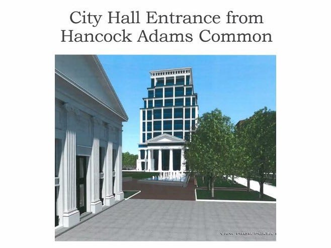 A concept drawing of a proposed building housing a new Quincy City Hall and Quincy College.