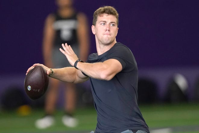 Northwestern quarterback Peyton Ramsey, throws during the school's Pro Day football workout for NFL scouts Tuesday, March 9, 2021, in Evanston, Ill.