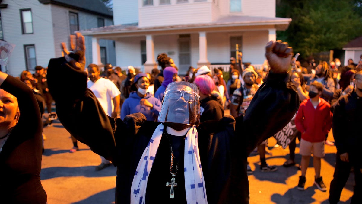 Hundreds of demonstrators, including Rev. Raymond Johnson, took to the streets in Elizabeth City, N.C. on Monday, April 26, 2021, to protest the killing of Andrew Brown Jr. and to demand the full body camera footage be released.