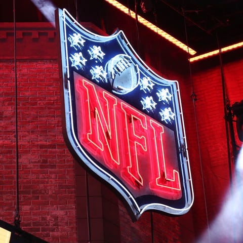 A general view of the NFL logo on the main stage d