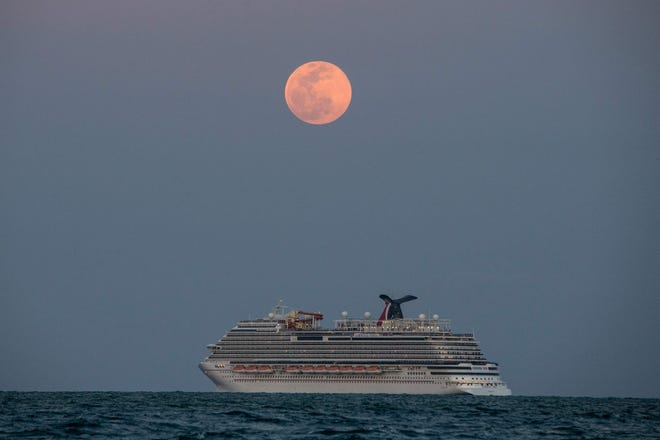 The Carnival Vista cruise ship is seen sailing during a full Pink Super moon in Miami Beach, on April 26, 2021. 