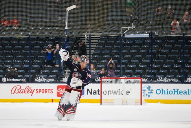 Columbus Blue Jackets goaltender Elvis Merzlikins (90) was named the game's first star following a shootout win over the Detroit Red Wings in the NHL hockey game at Nationwide Arena in Columbus on Tuesday, April 27, 2021. The Blue Jackets won 1-0. 