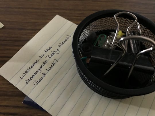 As desk were cleared at the Alamogordo Daily News, this note written by former Daily News reporter Jackie Devine, was found in a desk drawer. It welcomes and wishes luck to the next reporter who would sit in her chair.