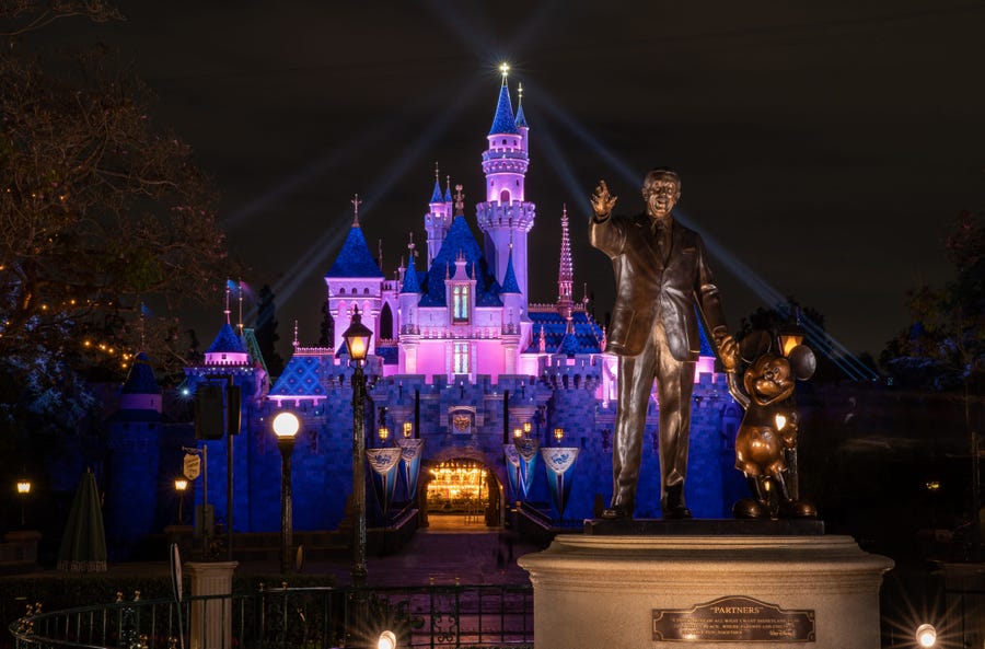 Sleeping Beauty Castle in the heart of Disneyland Park in Anaheim, California, reawakens during a special live streamed moment welcoming cast members back to the Disneyland Resort, April 26, 2021. Disneyland Resort theme parks will reopen to guests Friday, April 30, 2021.