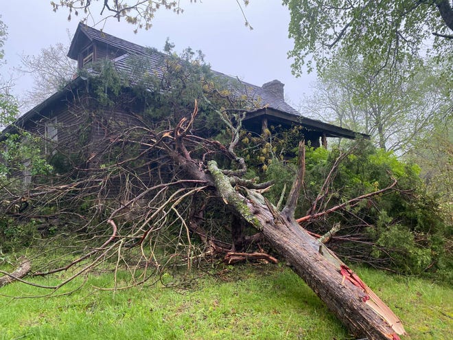 A tree collapsed onto Old Matt's Cabin at Shepherd of the Hills in Branson Wednesday, April 28, 2021.