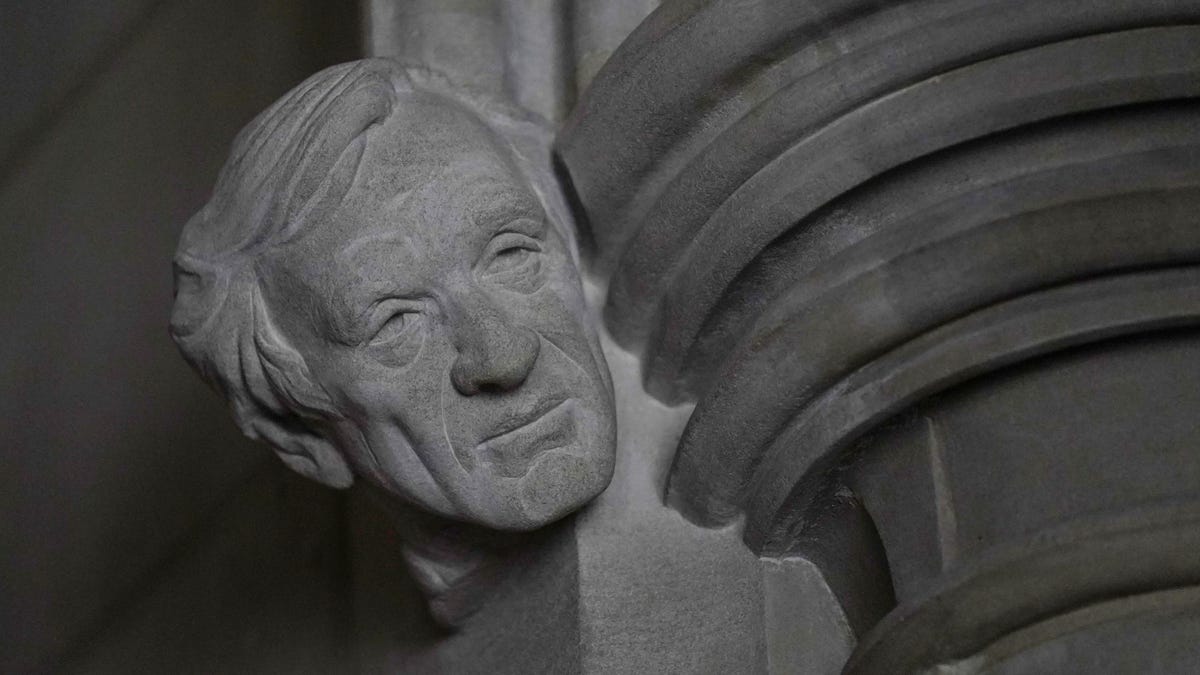 A limestone head of Holocaust survivor and Nobel Peace Prize winning author Elie Wiesel, carved by Sean Callahan from a clay sculpture by artist Chas Fagan, is almost complete in the Human Rights Porch of the Washington National Cathedral.