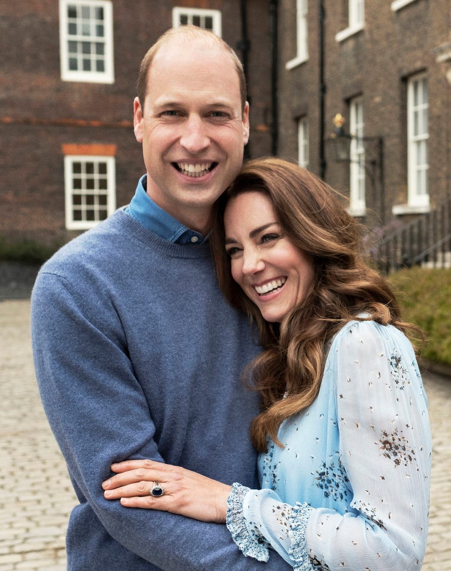 Prince William and Duchess Kate of Cambridge at Kensington Palace photographed this week in London, and released on April 28, 2021, to mark their 10th wedding anniversary on April 29.
