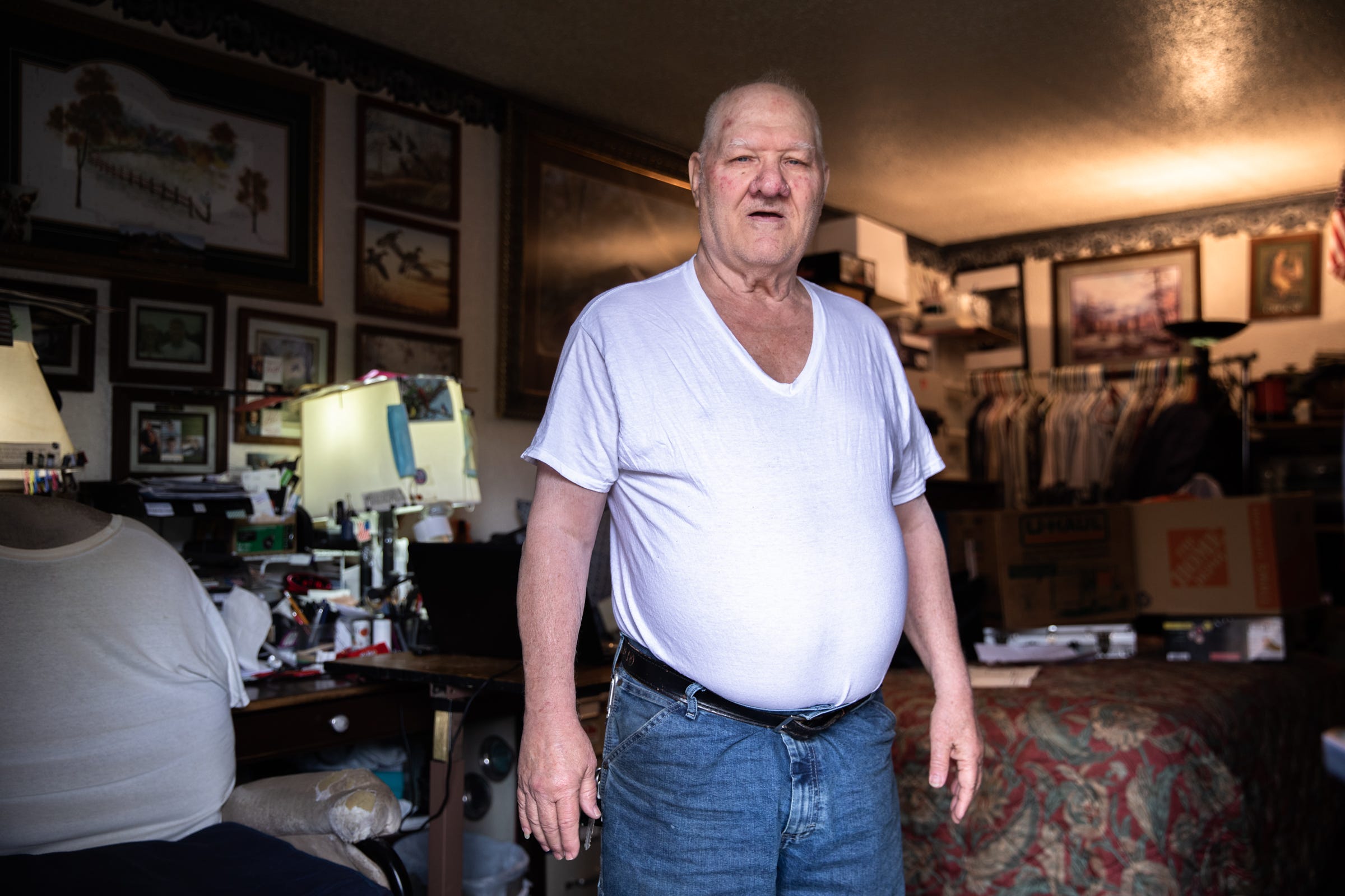 Alan Byrd, 76, in his room at the Travelers Inn in Greenville, Friday, April 23, 2021, where he has lived for the past 15 years.