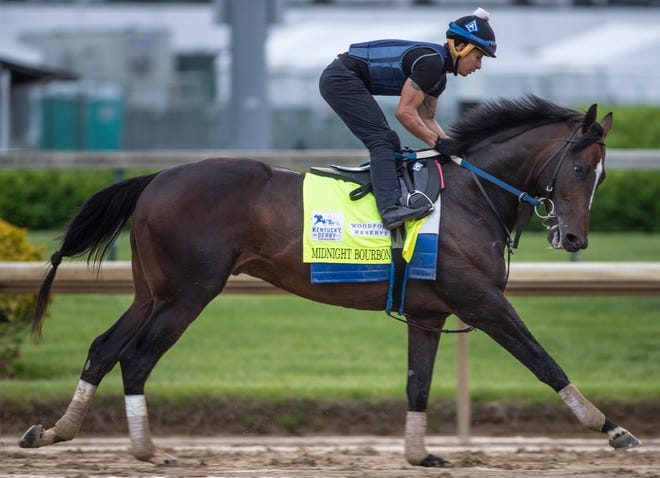 Kentucky Derby entrant Midnight Bourbon gallops in the morning at Churchill Downs.  Midnight Bourbon is trained by Steve Asmussen. April 29, 2020