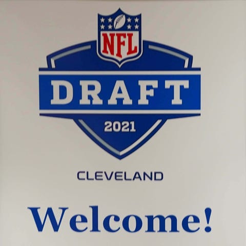 Signage promoting the 2021 NFL Draft at the Tower 
