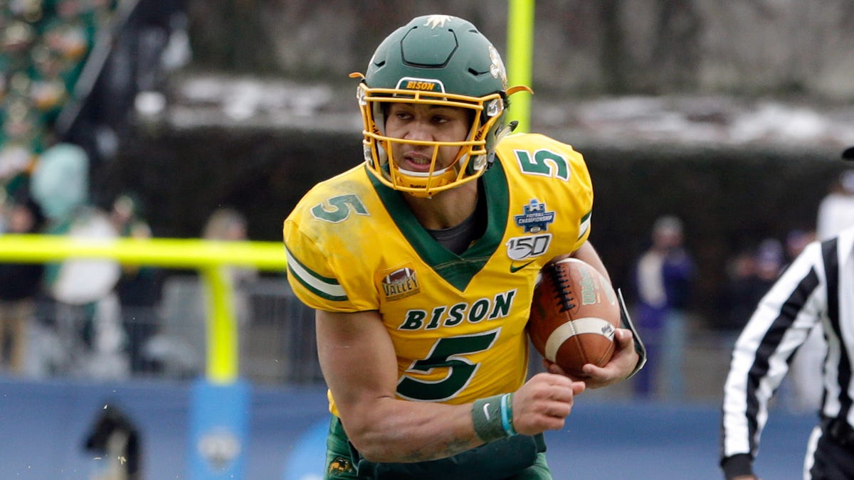 North Dakota State Bison quarterback Trey Lance (5) runs the ball in the first quarter against the James Madison Dukes at Toyota Stadium.